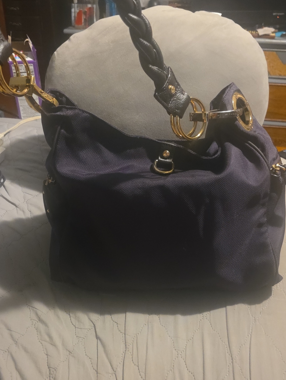 Elegant Navy Shoulder Hobo Bag with Braided Handle and Gold Rings